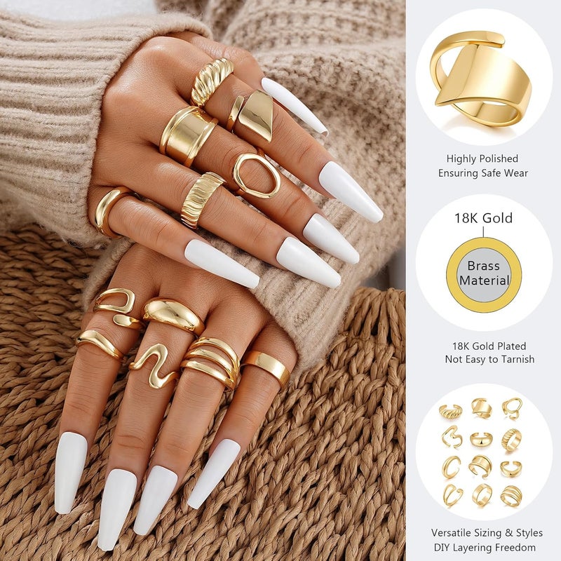 17mile Chunky Gold Stackable Rings for Women Non Tarnish, 18K Gold-Plated Statement Open Stacking Rings, Knuckle Band Ring Set - Image 4